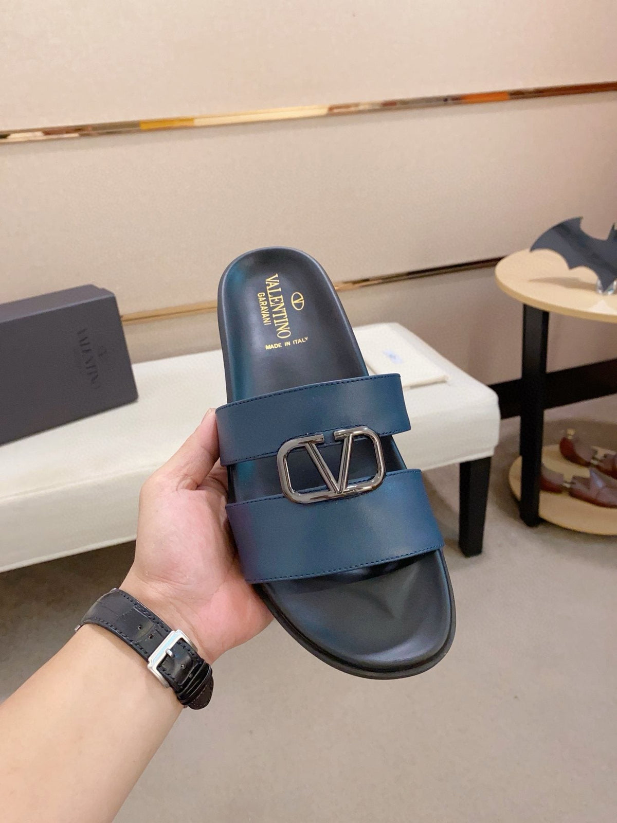 Valentino Navy Blue Buckle Slide Sandals — front