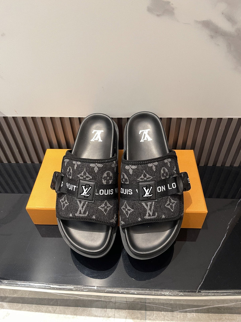 Louis Vuitton Black Monogram Slide Sandals — hero