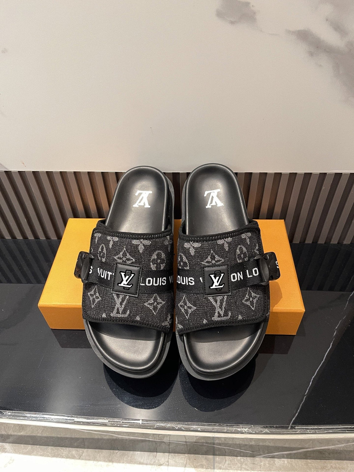 Louis Vuitton Black Monogram Slide Sandals — hero